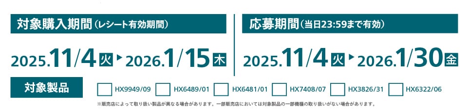対象購入期間2025/11/4～2026/1/15まで。応募期間2025/11/4～2026/1/30まで