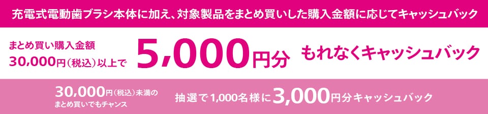 充電式電動歯ブラシ本体に加え、対象製品をまとめ買いした購入金額に応じてキャッシュ。まとめ買い30000円（税込）以上で5000円分もれなくキャッシュバック。